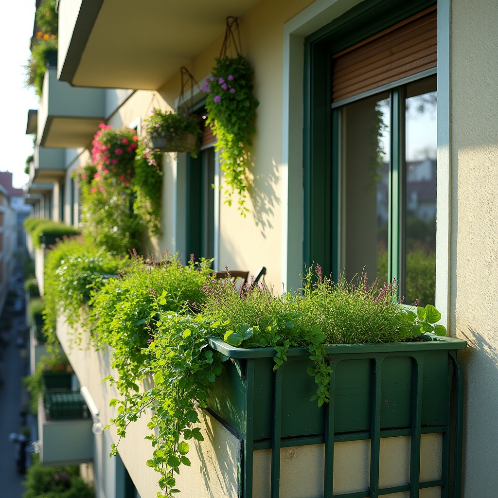 Zelený balkon v panelovém domě s truhlíky plnými bylinek a letniček