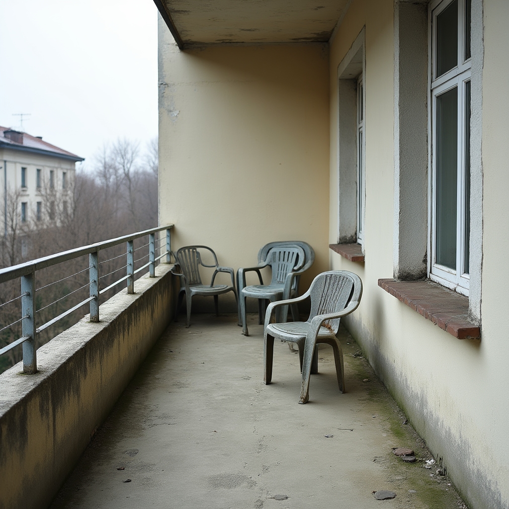 Stav balkonu v panelovém domě před úpravou, prázdný beton